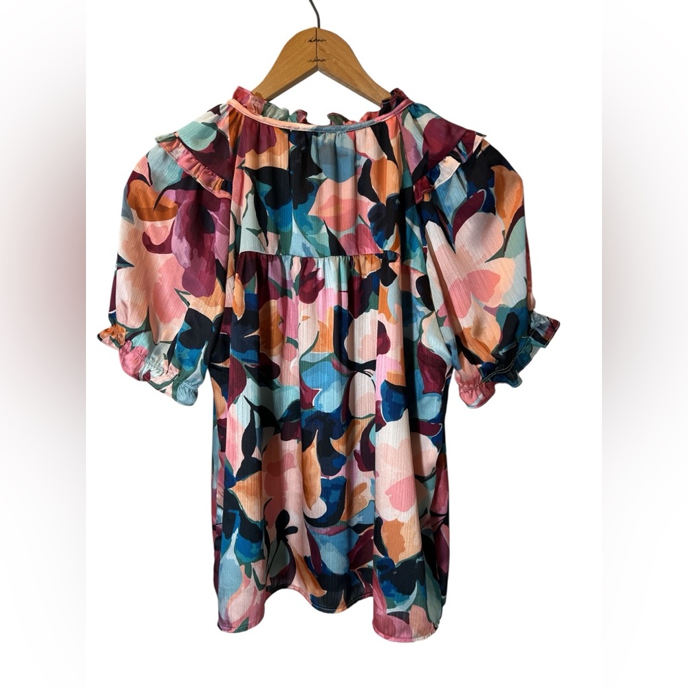 THML Floral Flutter Sleeve Blouse - Size Small - Multi-Color Tassel V-Neck - Picture 3 of 9